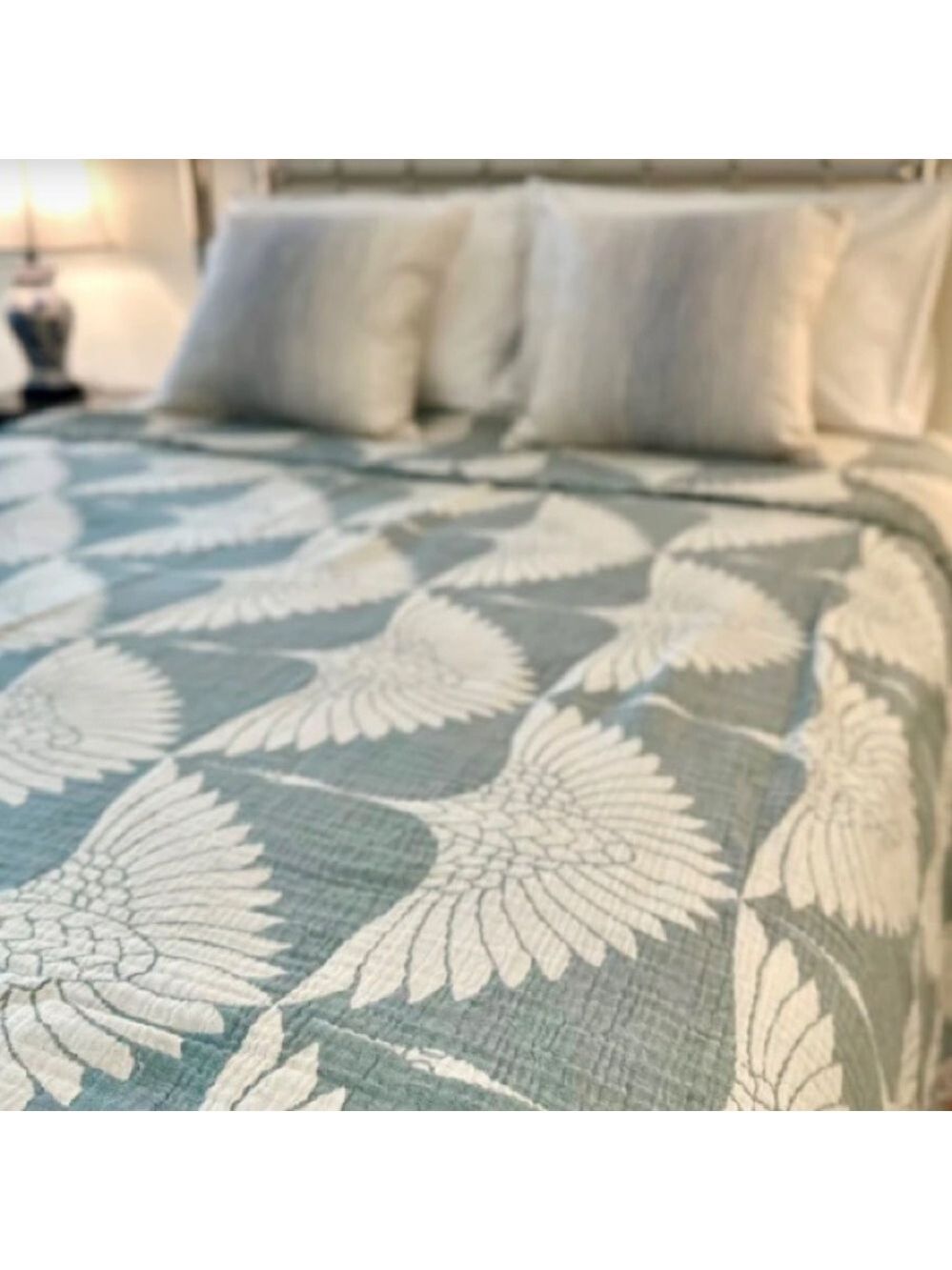 Luxury Bedspread King Organic Muslin Quilted Crinkle 2 Side FLiPSiDE Teal Crane